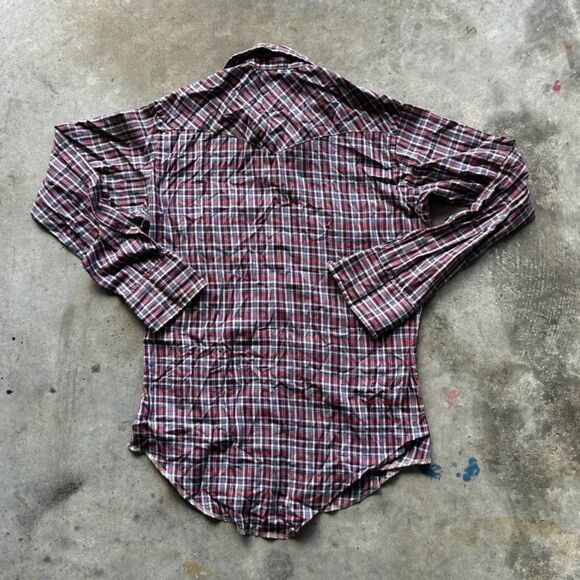 Vintage 70s Wrangler Western Plaid Ruby Snap Button Shirt Size 15 1/2-34 - Picture 6 of 7